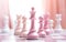 colorful white and pink chess on chessboard on white wooden table competition concept soft light