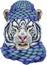 Colorful white smiling tiger in a blue knitted hat. Wild animal watercolor illustration on white background