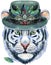 Colorful white tiger in halloween hat with with raven skull and feathers.