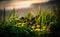 Colorful wildflowers and bright green grass on bluff at Oregon Coast