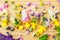 Colorful wildflowers in frozen popsicles and ice cubes and fresh summer flowers on wooden background. Floral Ice Pops flat lay.