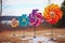 colorful wind sculptures spinning in harmony