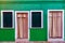 Colorful window of a house on the Venetian island of Burano, Venice. Facade of the houses of Burano close-up. Venice, Italy.