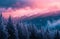 colorful winter sunset sky over the top of a snowy mountain with trees, magenta and cyan.