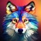 a colorful wolf head on a colorful background