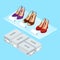 Colorful womans shoes and boxes. Womens shoes with heels. Isometric vector illustration for infographics. Shoe store