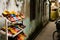 Colorful women\'s shoes in a narrow street market