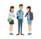 Colorful women students standing and boy with briefcase side