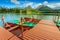 Colorful wooden boats on the alpine lake,Strbske Pleso,Slovakia