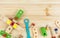 A colorful wooden building kit for children on wood. Set of tools on wooden table. Games and tools for kids in preschool