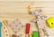 A colorful wooden building kit for children on wood. Set of tools on wooden table. Games and tools for kids in preschool