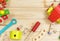 A colorful wooden building kit for children on wood. Set of tools on wooden table. Games and tools for kids in preschool