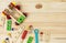 A colorful wooden building kit for children on wood. Set of tools on wooden table. Games and tools for kids in preschool