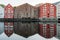 Colorful wooden buildings near Nidelva river in the city of Bakklandet/Trondheim in Norway.