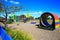 Colorful wooden Kids playground tunnel. Levin, New Zealand