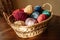 Colorful woolen yarn balls in the basket