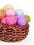Colorful woolen yarn in a wicker basket