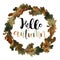 Colorful wreath of autumn oak leaves, lettering watercolor