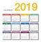 Colorful Year 2019 calendar horizontal vector design template, simple and clean design.