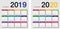 Colorful Year 2019 and Year 2020 calendar horizontal vector design template, simple and clean design.