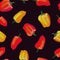 Colorful yellow and red pepper pattern. Hand drawn ornament on a black background. Bright fresh vegetable. Seamless