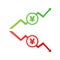 Colorful yen yuan currency up and down sign icon on green and red badge banner. Vector illustration.