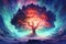 Colorful Yggdrasil with Aurora Polar Lights. AI