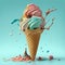 Colorful yummy ice cream with splashes isolated at blue background