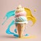 Colorful yummy ice cream with splashes at pink background