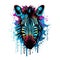 Colorful Zebra Head in Dark Bronze and Azure Neonpunk Style Lith Print .