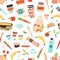 Colorful Zero Waste durable and reusable goods and vegan food seamless pattern. Eco friendly items or products vector