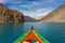 Colorfull boat in Attabad lake in Hunza valley, Karakoram montains range in Pakistan