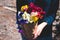 Colorfull bouquet of pansies in a craft paper in a woman`s hand. Spring`s concept