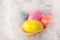 Colorfull Easter eggs on feather background