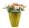 Colorfull plastic flowers in potery jar