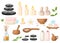 Colorfull spa tools and accessories black basalt massage stones herbs mortar rolled up towel oil gel and candles illustrati