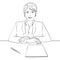 Coloring, black lines on a white background. business woman, boss at the table, reception staff, job interview. Vector