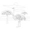 Coloring book for adults and children with realistic ostrich on a background of landscape with trees. Wild long-legged bird in the