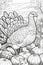 Coloring book black and white turkey standing on pumpkins around the leaves. Turkey as the main dish of thanksgiving for the