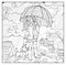 Coloring book for children and adults. Rainy weather. Caring girl walks with dog under umbrella. Black and white vector