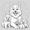 Coloring book for children cute adorable husky dog with puppies, black and white