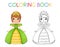 Coloring book for children. Cute little girl and princess in a green beautiful dress. Vector illustration in a cartoon