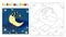 Coloring book for children cute moon in a nightcap sleeps on a cloud among the stars and clouds. Coloring pages for kindergarten
