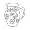 Coloring book for children. The silhouette of the jug is decorated with flowers and buds. Black and white vector illustration