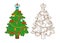 Coloring book Christmas decorated tree with an angel figurine on top, sweets and Christmas balls. Vector, illustration