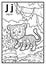 Coloring book, colorless alphabet. Letter J, jaguar