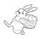 Coloring book Cute Easter bunny carries behind a basket with painted Easter eggs. Vector illustration in flat cartoon