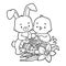 Coloring book, Easter illustration. Bird and rabbit and basket with colored eggs