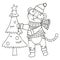 Coloring book with an example for children where a tiger decorates a Christmas tree. Amur tiger in a red hat and scarf