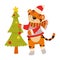 Coloring book with an example for children where a tiger decorates a Christmas tree. Amur tiger in a red hat and scarf